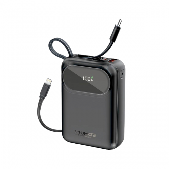 PROMATE POWERPOD-20 20000MAH 35W PD ULTRA COMPACT POWERBANK USB-A/USB-C W/ BUILT-IN USB-C CABLE