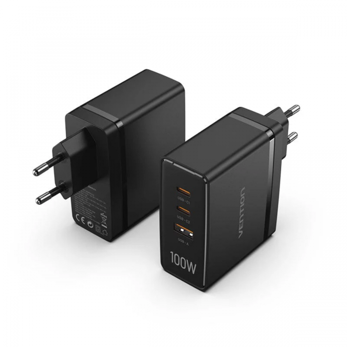 VENTION 100W (2XUSB-C, 1XUSB-A) GAN FAST CHARGER (BLACK) 