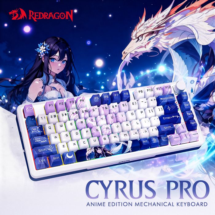 REDRAGON CYRUS PRO RGB 75% TRI-MODE GASKET MECHANICAL KEYBOARD W/ KNOB (LINEAR SWITCH/SWAPPBL) ANIME VIOLET/WHITE
