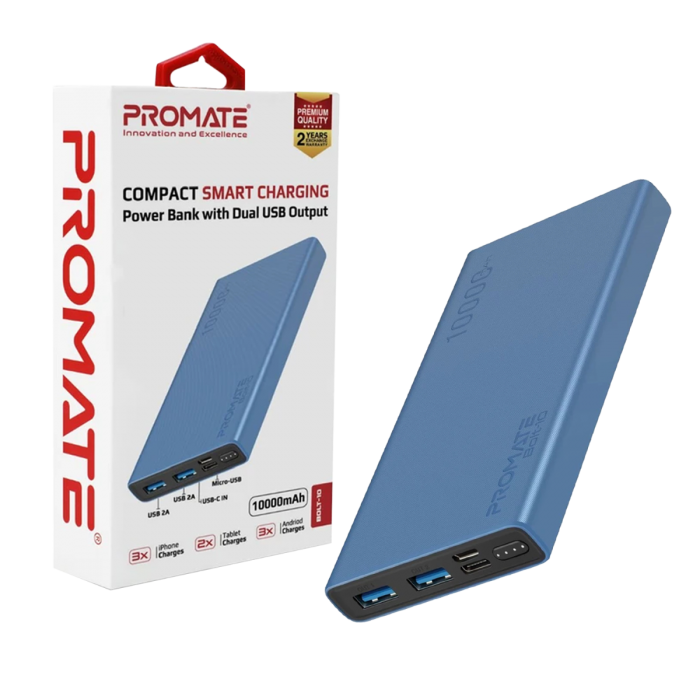 PROMATE BOLT-10 10000MAH POWERBANK 2XUSB/M-USB 2A/USB-C 2A (BLUE)