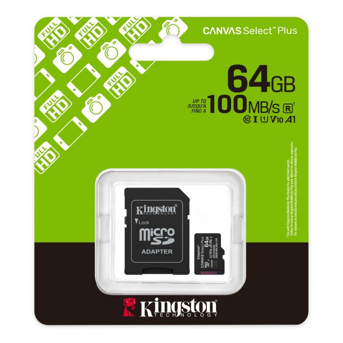 KINGSTON 64GB CANVAS SELECT PLUS CLASS 10 SDHC 100MB/S FLASH MEMORY W/ ADAPTER