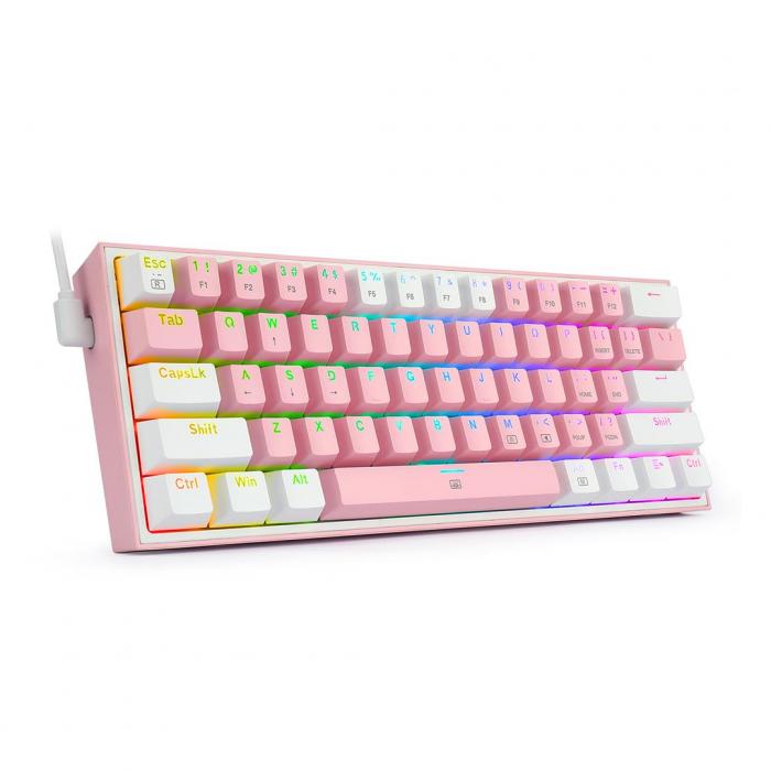 REDRAGON FIZZ RGB WIRED 60% MECHANICAL GAMING KEYBOARD (RED SWITCH/SWAPPBL) PINK WHITE
