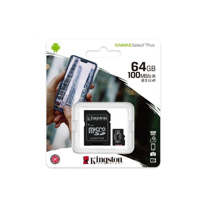 KINGSTON 64GB CANVAS SELECT PLUS CLASS 10 SDHC 100MB/S FLASH MEMORY W/ ADAPTER
