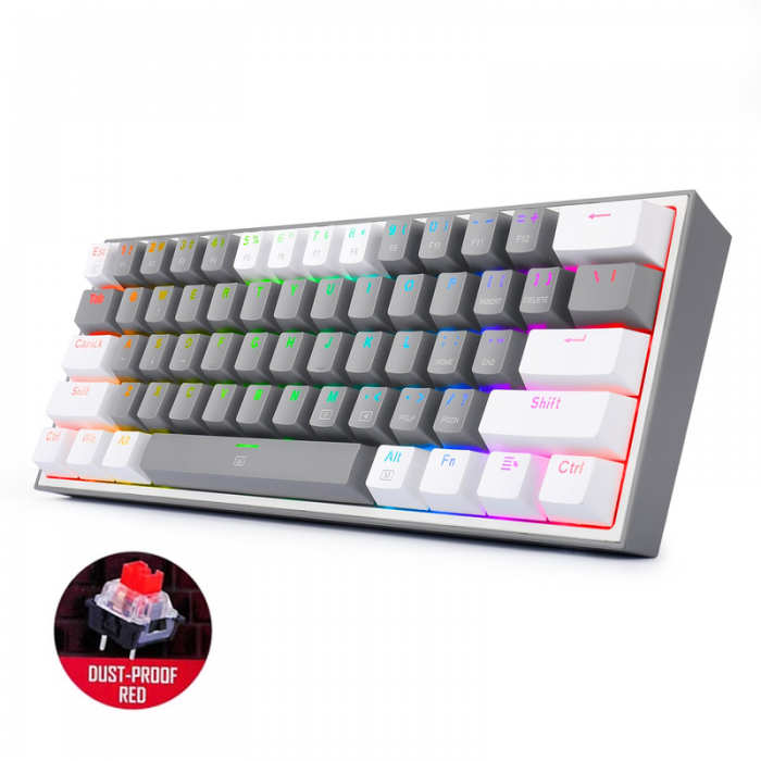 REDRAGON FIZZ RGB WIRED 60% MECHANICAL GAMING KEYBOARD (RED SWITCH/SWAPPBL) GRAY WHITE