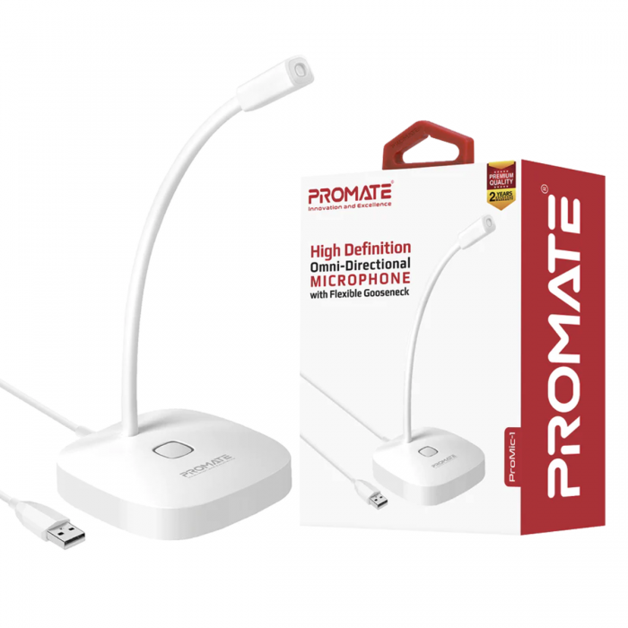 PROMATE PROMIC-1 OMNI-DIRECTIONAL MIC W/ FLEXIBLE GOOSENECK WHITE (USB/1.3M)